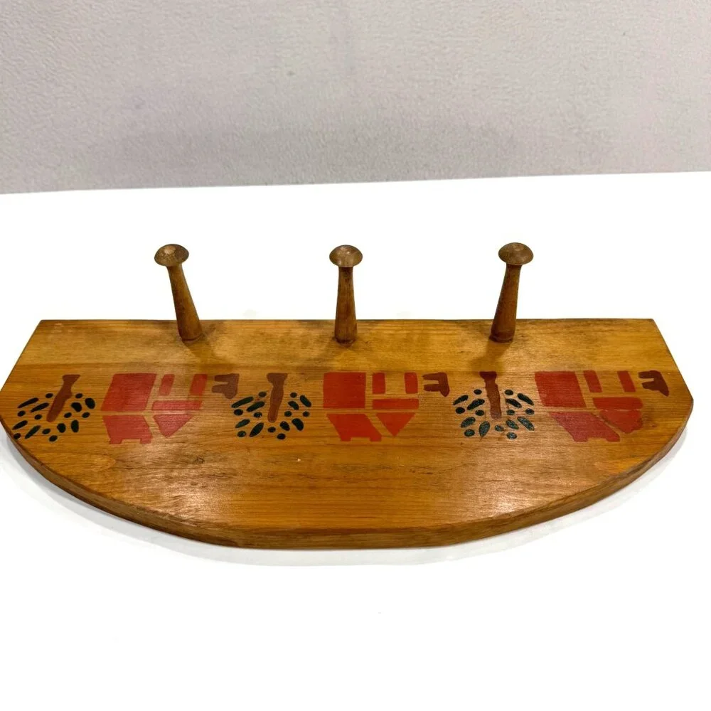 Vintage Country Folk Art Wooden Wall Rack 3 Peg House Tree Stencil Farmhouse